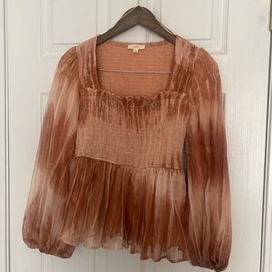 Anthropologie g.p.d. Sheer Metallic Rose Gold & Peach Peplum Smocked Top sz S